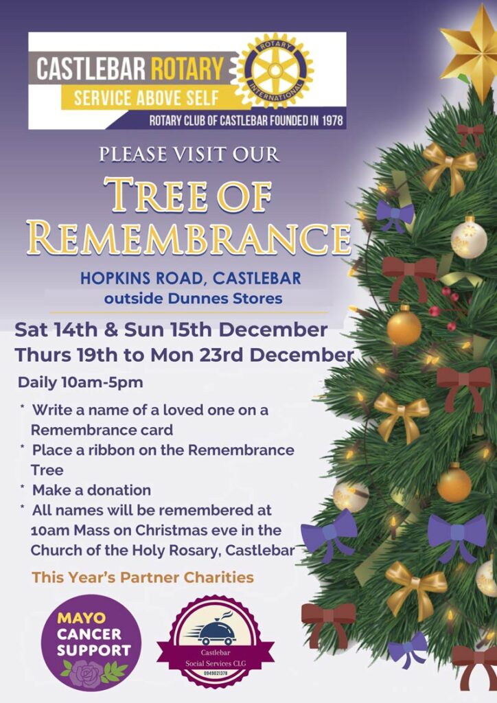 Castlebar Rotary Tree of Remembrance 2024. Remember a loved one at Christmas and support local charities